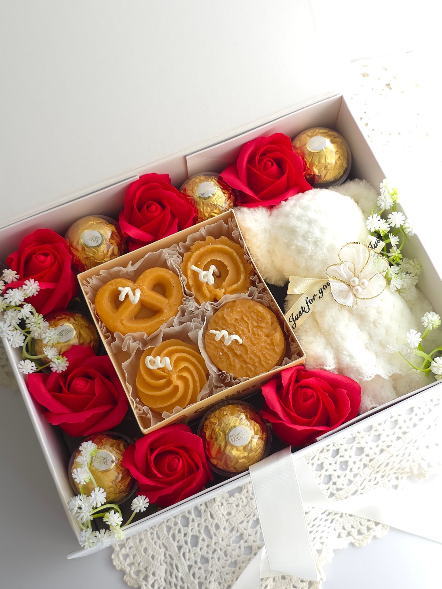 Happy Hour Box with Soap Roses, Cookie Candles, Chocolates and a Hand Towel.