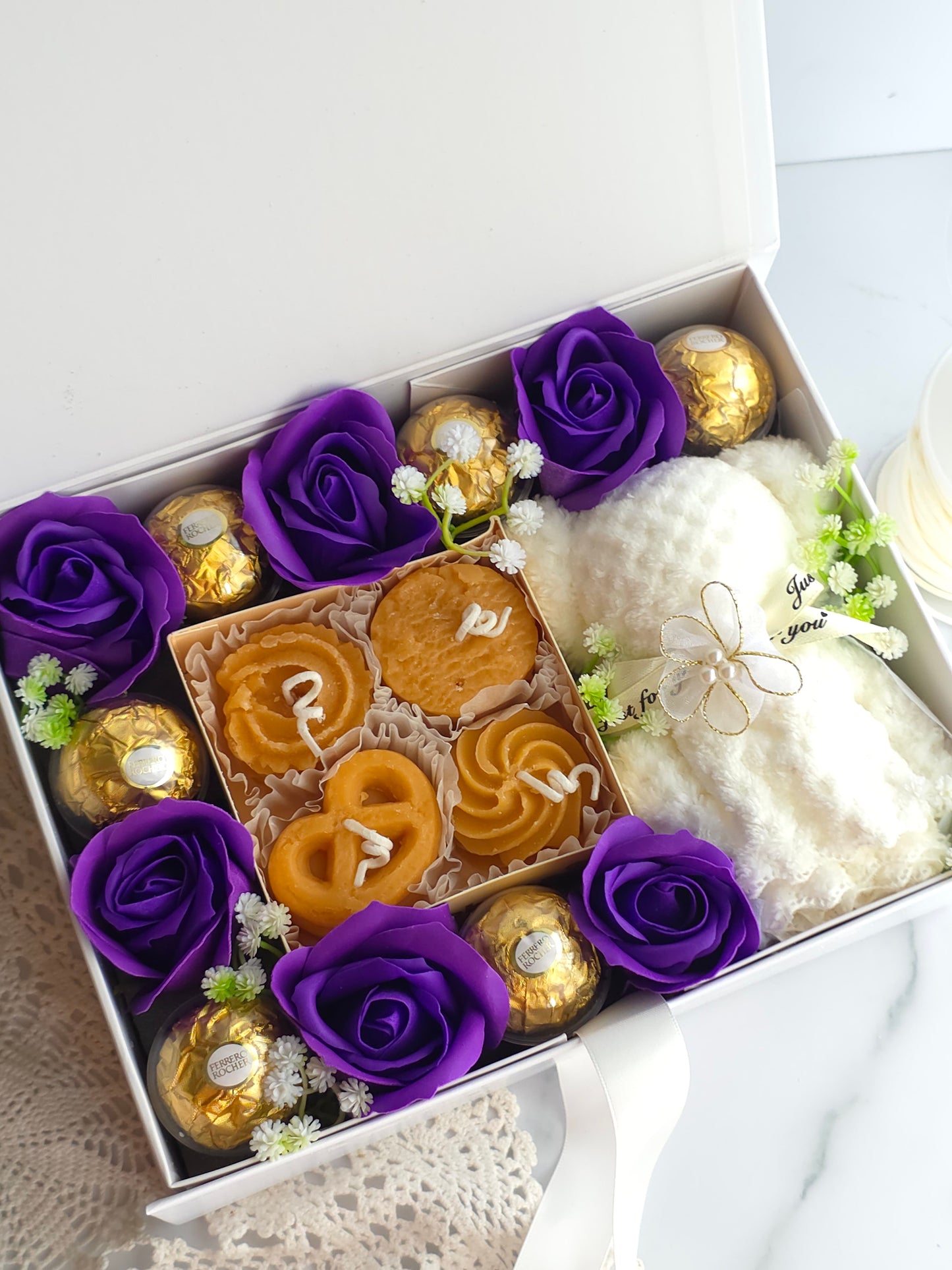 Happy Hour Box with Soap Roses, Cookie Candles, Chocolates and a Hand Towel.