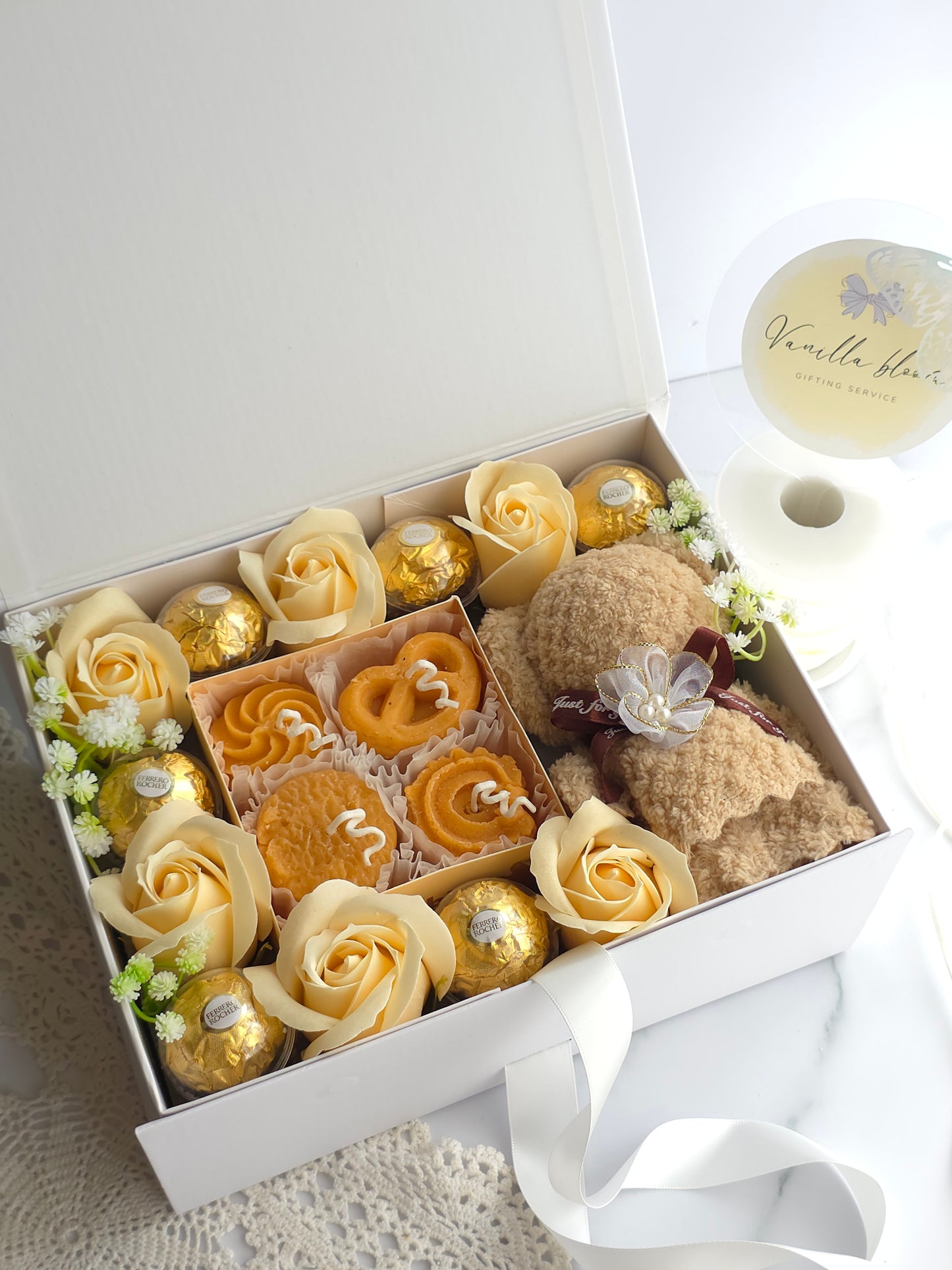 Happy Hour Box with Soap Roses, Cookie Candles, Chocolates and a Hand Towel.