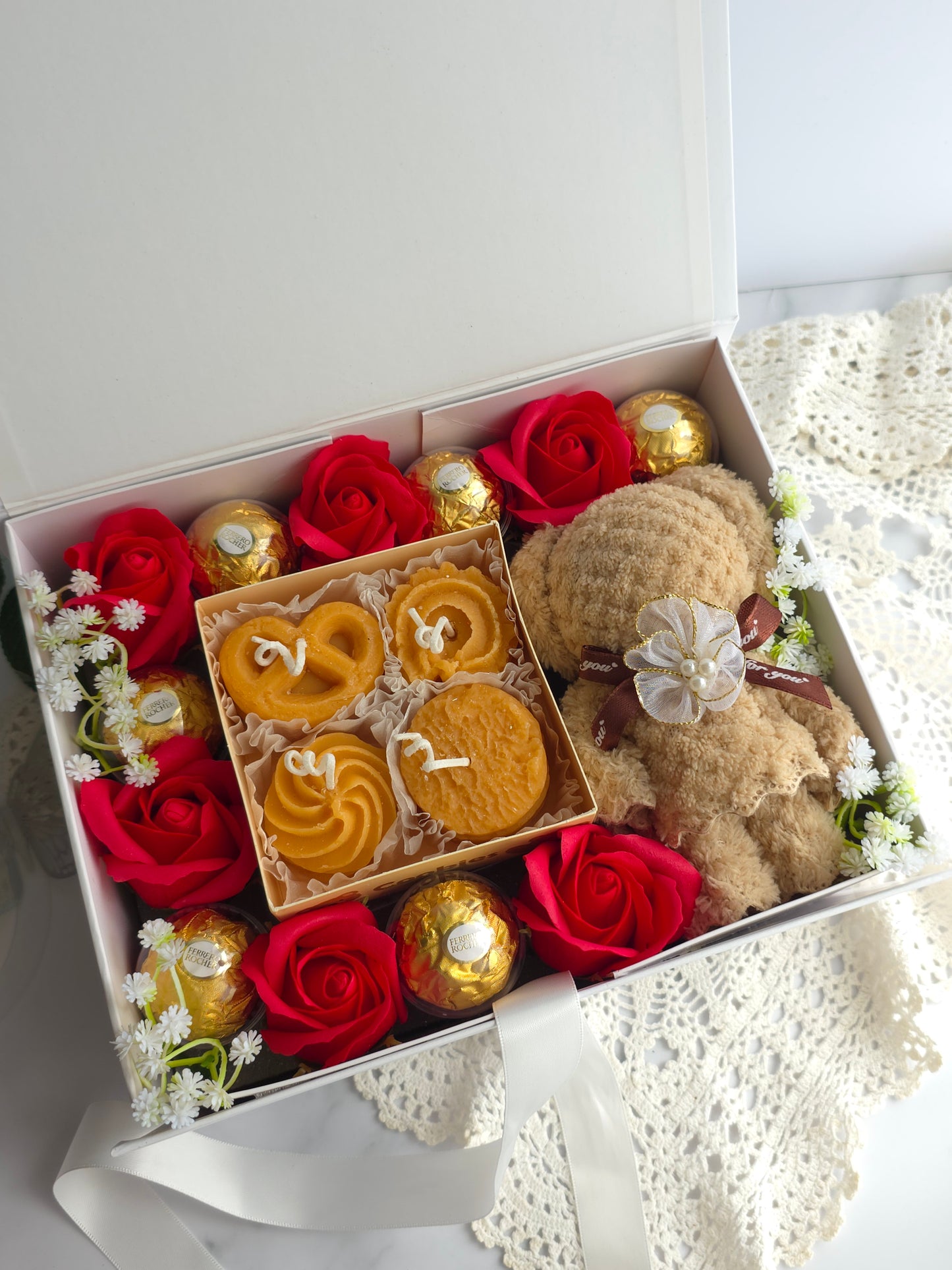 Happy Hour Box with Soap Roses, Cookie Candles, Chocolates and a Hand Towel.