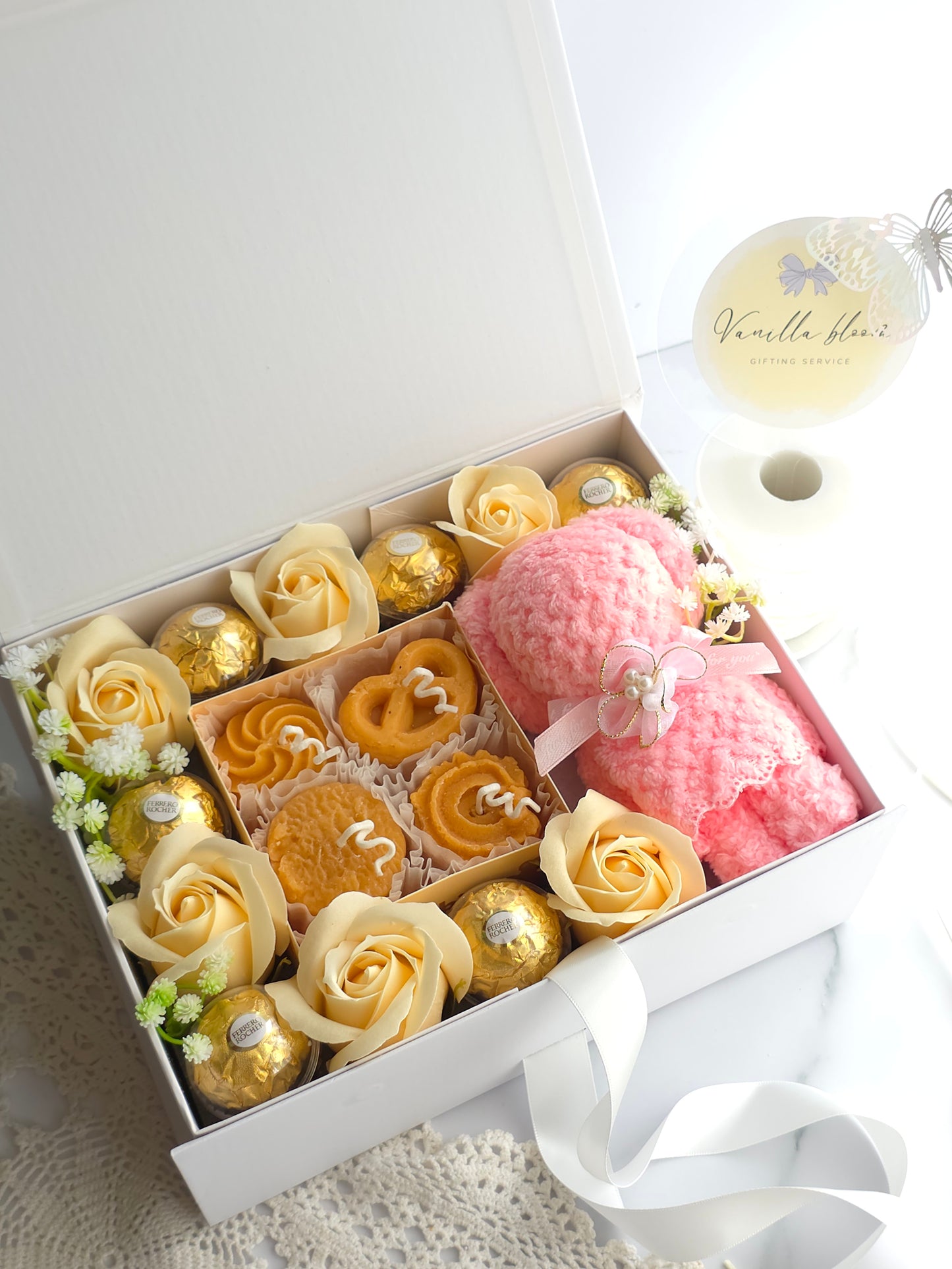 Happy Hour Box with Soap Roses, Cookie Candles, Chocolates and a Hand Towel.
