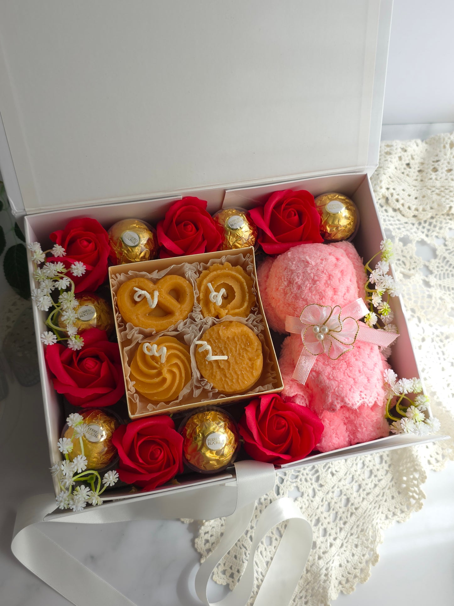 Happy Hour Box with Soap Roses, Cookie Candles, Chocolates and a Hand Towel.
