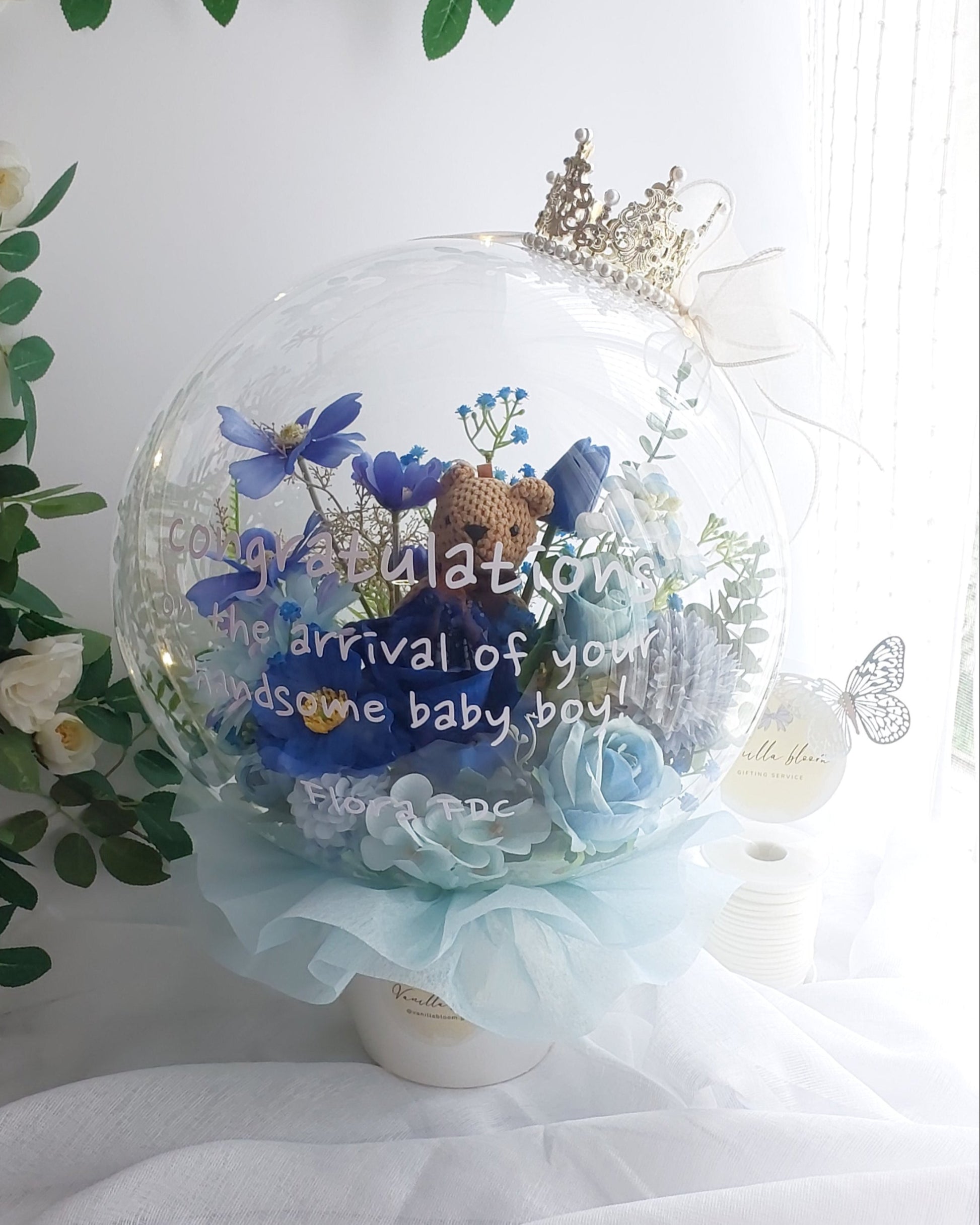 Large Flower Balloon Pot with a small Teddy Bear and a crown 