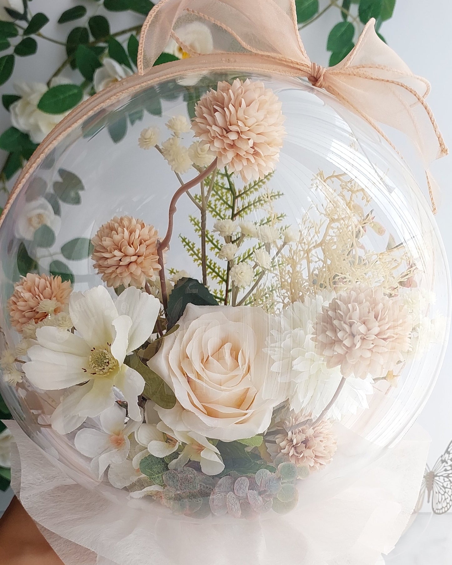 Dusty Ivory Flowers in balloon