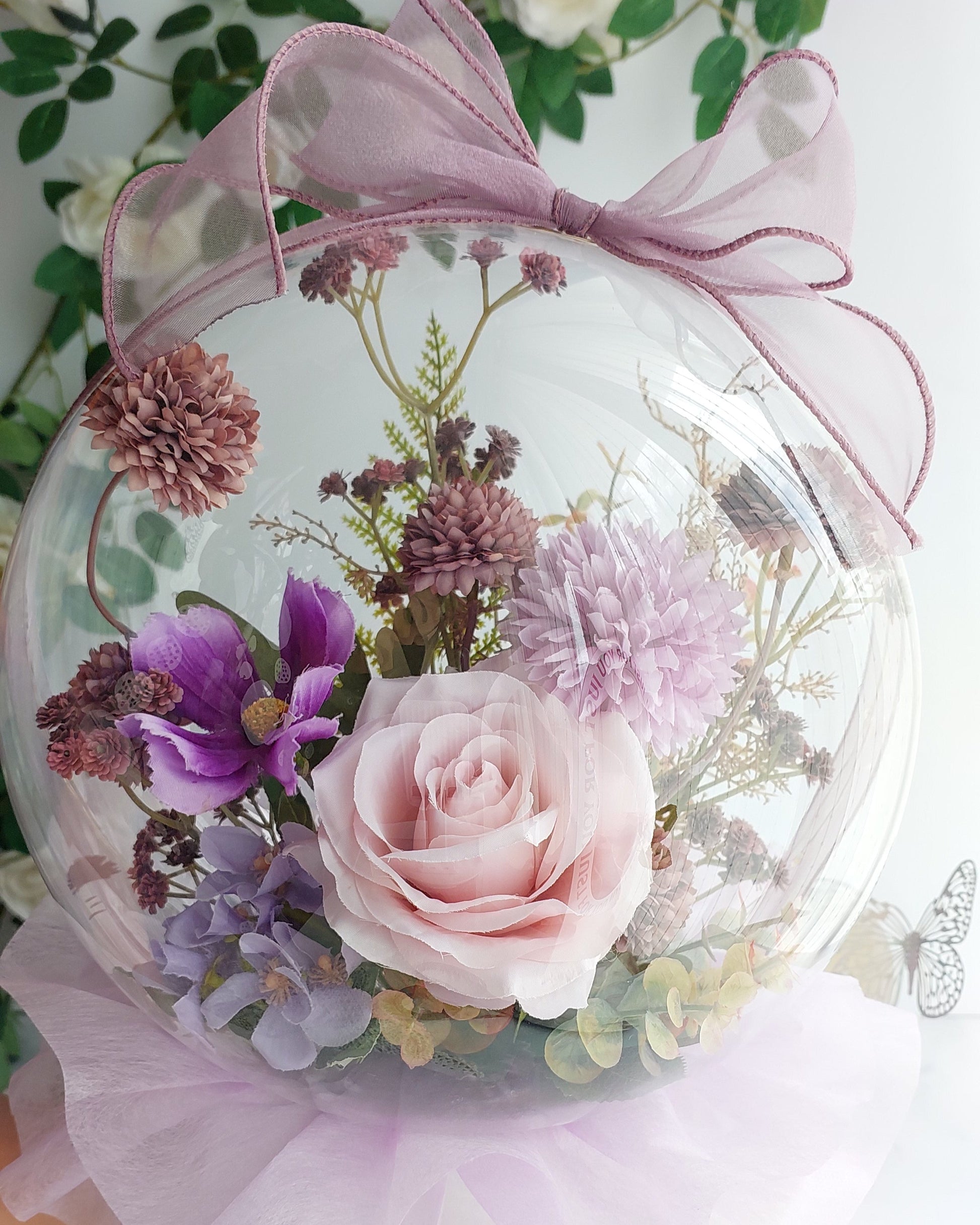 Dusty Purple Flowers in balloon